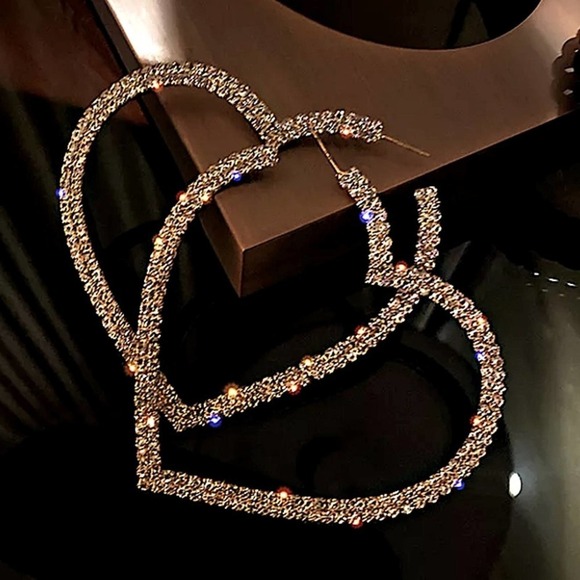 Diamond Oversized Gold Rhinestone Heart Hoop Earrings. Gold plated - Picture 8 of 11
